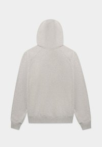 Harmaa huppari, jossa on nyörihuppu, raglan-hihat ja ribattu kaulus sekä helma. Pehmeä rakenne, minimalistinen muotoilu, ei näkyviä logoja tai kuvioita.