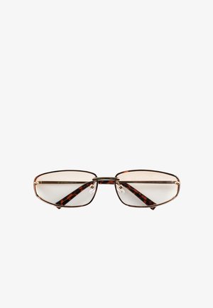 Occhiali rettangolari con aste a motivo tartarugato e sottili montature in metallo dorato, mostrati frontalmente su sfondo bianco.