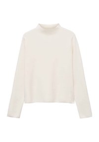 Pull à col roulé à manches longues de couleur crème clair, fabriqué en tissu doux, avec une coupe décontractée et sans motifs ni ornements visibles.
