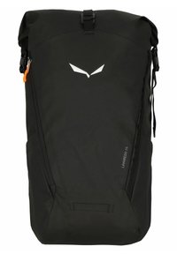 Black backpack with roll-top closure, featuring a reflective logo, zipper pocket, and textured fabric for durability. Size: 26 liters.