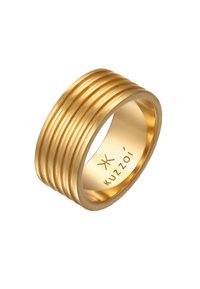 Gold ring featuring five horizontal grooves, smooth edges, and a polished interior. Engraved with "KUZZOI" on the inner band.