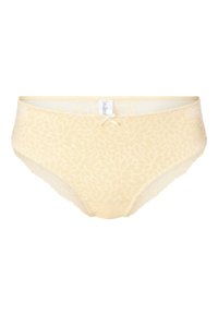 Ropa interior estilo bikini de encaje en amarillo suave con patrón floral, que cuenta con una cinturilla de encaje transparente y un pequeño lazo de satén en el centro delantero.