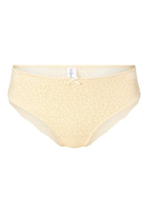 Pitsireunainen bikini-tyylinen alusasu pehmeässä keltaisessa, jossa on kukkakuvio. Siinä on läpikuultava pitsivyötärö ja pieni satiininauha edessä keskellä.