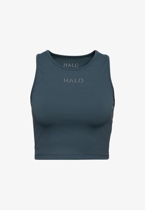 Donkerblauw cropped tanktop van gladde, rekbare stof met een ronde halslijn en het "HALO"-logo in het grijs op de voorkant.
