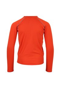 Chemise à manches longues de couleur orange vif, fabriquée en tissu lisse et extensible. Présente des coutures contrastées le long des épaules.