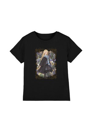 Black t-shirt with artwork of a blonde girl in a black dress and striped scarf surrounded by flowers and geometric gold lines.