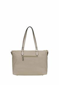 Borsa tote beige con due manici neri, chiusura superiore con zip e tasca frontale con zip. Texture liscia e nessun motivo o accento visibile.