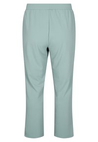 Svijetlozelene hlače od rastezljivog materijala s elastičnom waistband-om. Kratke dužine s glatkom teksturom bez vidljivih zatvarača ili džepova.