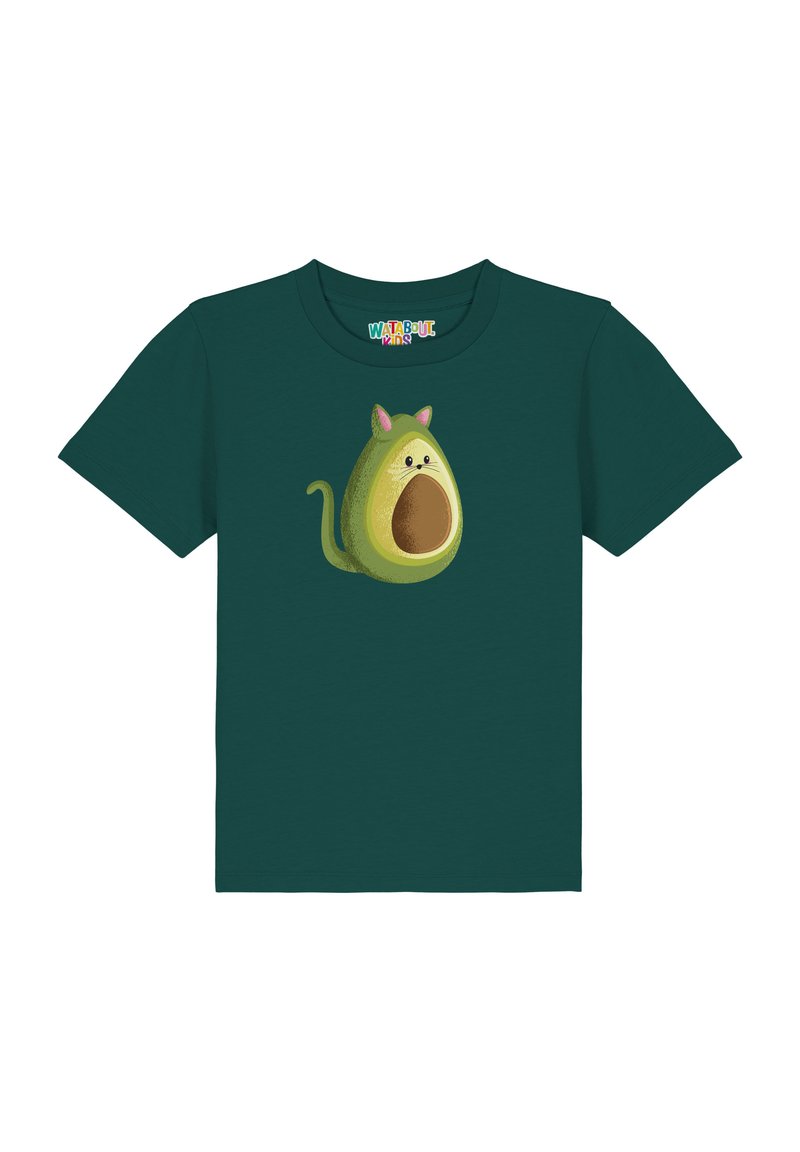 Grünes Kurzarm-T-Shirt mit einem Avocado-Charakter im Cartoon-Stil, der Katzenohren, einen großen offenen Mund und einen eingerollten Schwanz hat.