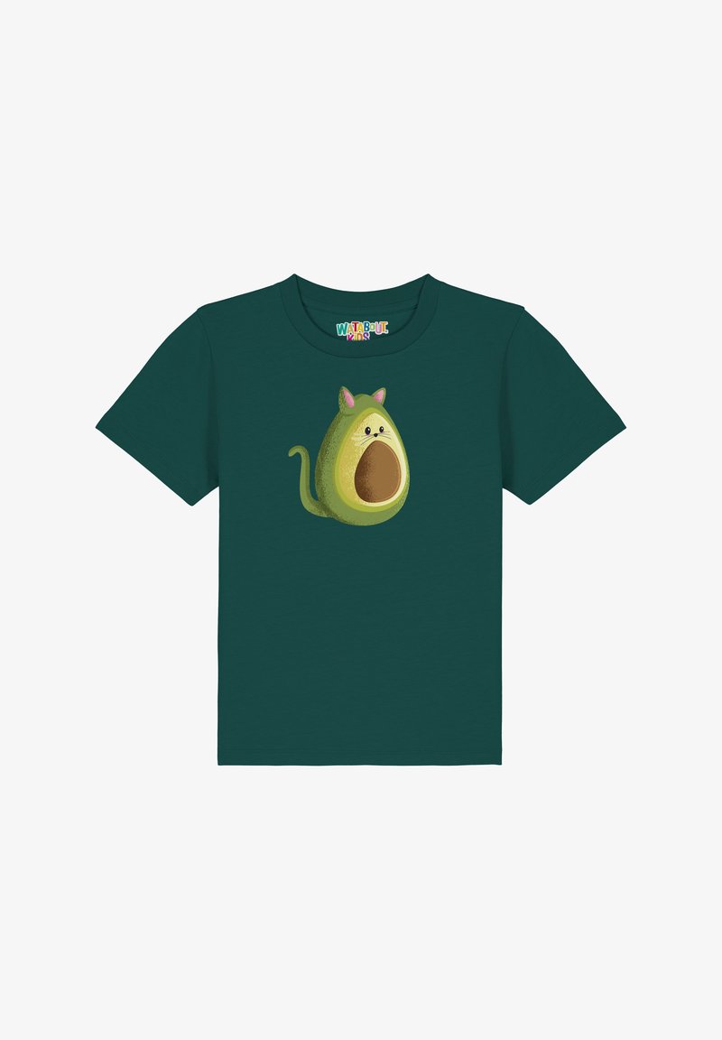 Grünes Kurzarm-T-Shirt mit einem Avocado-Charakter im Cartoon-Stil, der Katzenohren, einen großen offenen Mund und einen eingerollten Schwanz hat.