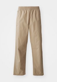 Beige, lightweight, elastic-waist pants with straight legs. Features side pockets and subtle stitching. Smooth texture, casual design.
