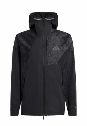 Black waterproof jacket with a zip front, hood, textured panels, chest pocket, and reflective accents on the upper left side.