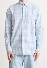 Camicia a quadri blu chiaro realizzata in cotone, con colletto button-down, maniche lunghe e taschino sul petto; presenta strisce bianche e viola.