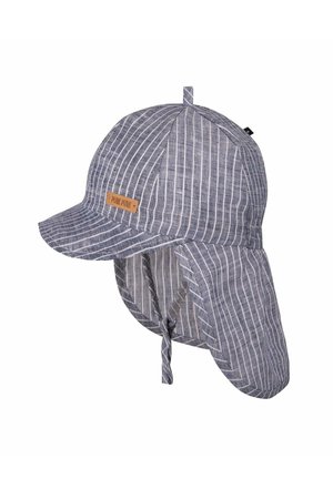 Blau-weiß gestreifte Stoffkappe mit Nackenschutz, verstellbarem Kinnriemen und einem kleinen braunen Etikett auf der vorderen linken Seite.