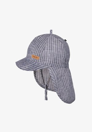 Blau-weiß gestreifte Stoffkappe mit Nackenschutz, verstellbarem Kinnriemen und einem kleinen braunen Etikett auf der vorderen linken Seite.