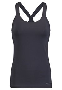 Top sportivo nero in tessuto aderente, con spalline incrociate, texture liscia e un piccolo logo vicino all'orlo.