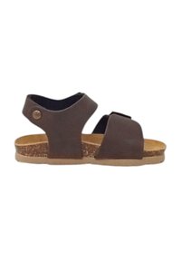 Sandalo marrone con cinturini larghi, fibbia regolabile e soletta in sughero naturale. Suola piatta con dettagli testurizzati per una buona presa.