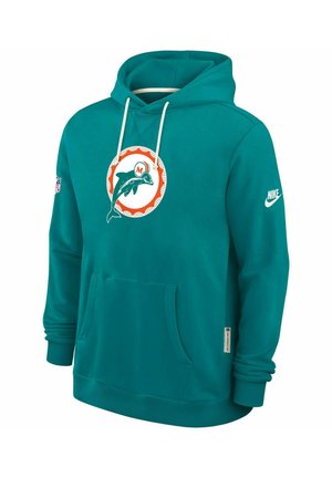Sweat à capuche bleu sarcelle en coton, doté d'une poche avant, d'une capuche avec cordon de serrage, et arborant un logo des Miami Dolphins sur la poitrine avec un design circulaire.