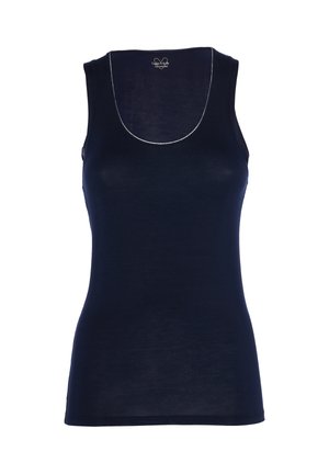 Canotta blu navy realizzata in morbido tessuto con scollatura a barca e una leggera cucitura lungo i bordi; design aderente e senza maniche.