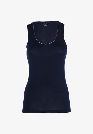 Canotta blu navy realizzata in morbido tessuto con scollatura a barca e una leggera cucitura lungo i bordi; design aderente e senza maniche.