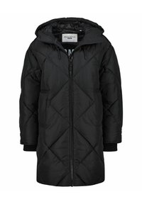 Černý péřový park s prošívaným diamond vzorem, přední zip, stahovací kapuce a žebrované manžety. Tkanina se zdá být hladká a lehká.