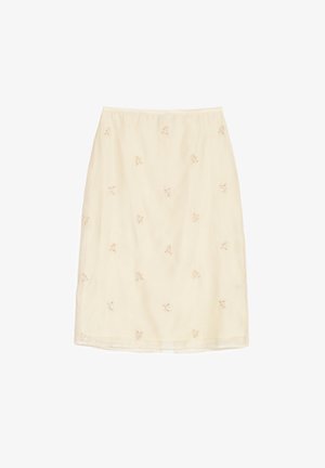 Crèmekleurige kokerrok van lichtgewicht stof, met fijne bloemrijke borduursels over het geheel en een elastische tailleband.