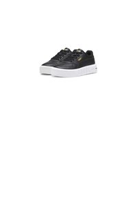 Black leather sneakers with white rubber soles, featuring laces, a gold logo, and textured side panels. Classic low-top design.