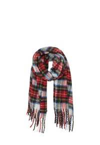 Écharpe tissée présentant un motif tartan multicolore en rouge, bleu et jaune. Bords finition frangée pour une texture ajoutée.