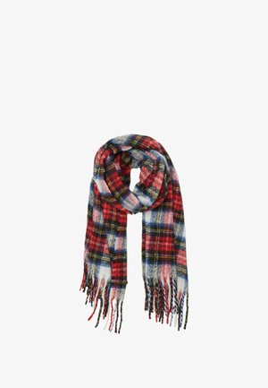 Écharpe tissée présentant un motif tartan multicolore en rouge, bleu et jaune. Bords finition frangée pour une texture ajoutée.