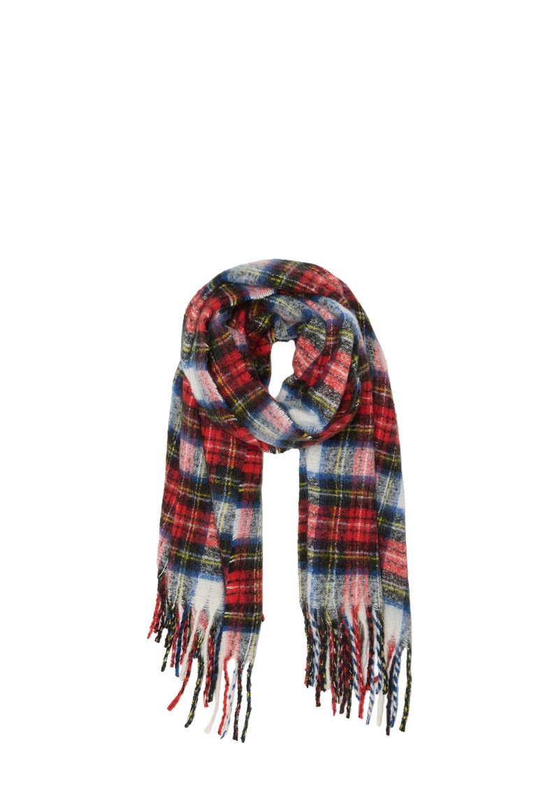Écharpe tissée présentant un motif tartan multicolore en rouge, bleu et jaune. Bords finition frangée pour une texture ajoutée.