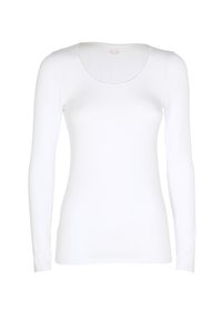 Top da donna a maniche lunghe, aderente e bianco, con scollatura rotonda, texture liscia e discreto logo del brand all'interno del colletto.