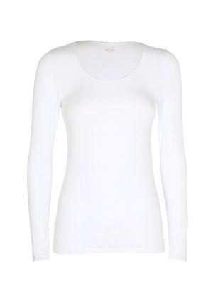 Top da donna a maniche lunghe, aderente e bianco, con scollatura rotonda, texture liscia e discreto logo del brand all'interno del colletto.