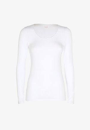 Top da donna a maniche lunghe, aderente e bianco, con scollatura rotonda, texture liscia e discreto logo del brand all'interno del colletto.