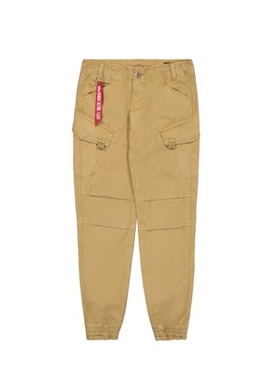Beige Cargohosen aus Baumwolle mit seitlichen Taschen, elastischen Bündchen und einem roten Etikett am Bund.