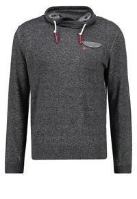 Sweat-shirt à capuche gris foncé, avec une capuche ajustée, des cordons de serrage rouges, une petite poche poitrine et des poignets et ourlet côtelés. Texture douce.