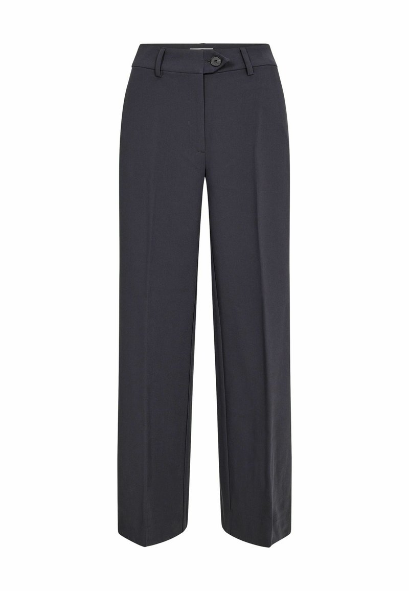 Dark gray, wide-leg trousers featuring a button closure, belt loops, and a smooth texture. No visible patterns or decorative accents.