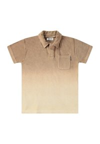 Beige pikétröja i mjuk textur, har korta ärmar, krage och en framficka. Gradvis färgövergång från mörkare till ljusare beige.