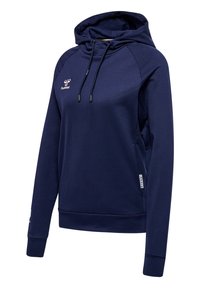 Dunkelblaue Kapuzenjacke aus weichem Baumwollgemisch, mit Kordelzugkapuze, gerippten Bündchen und einem Logo auf der Brust. Glatte Textur, lässige Passform.