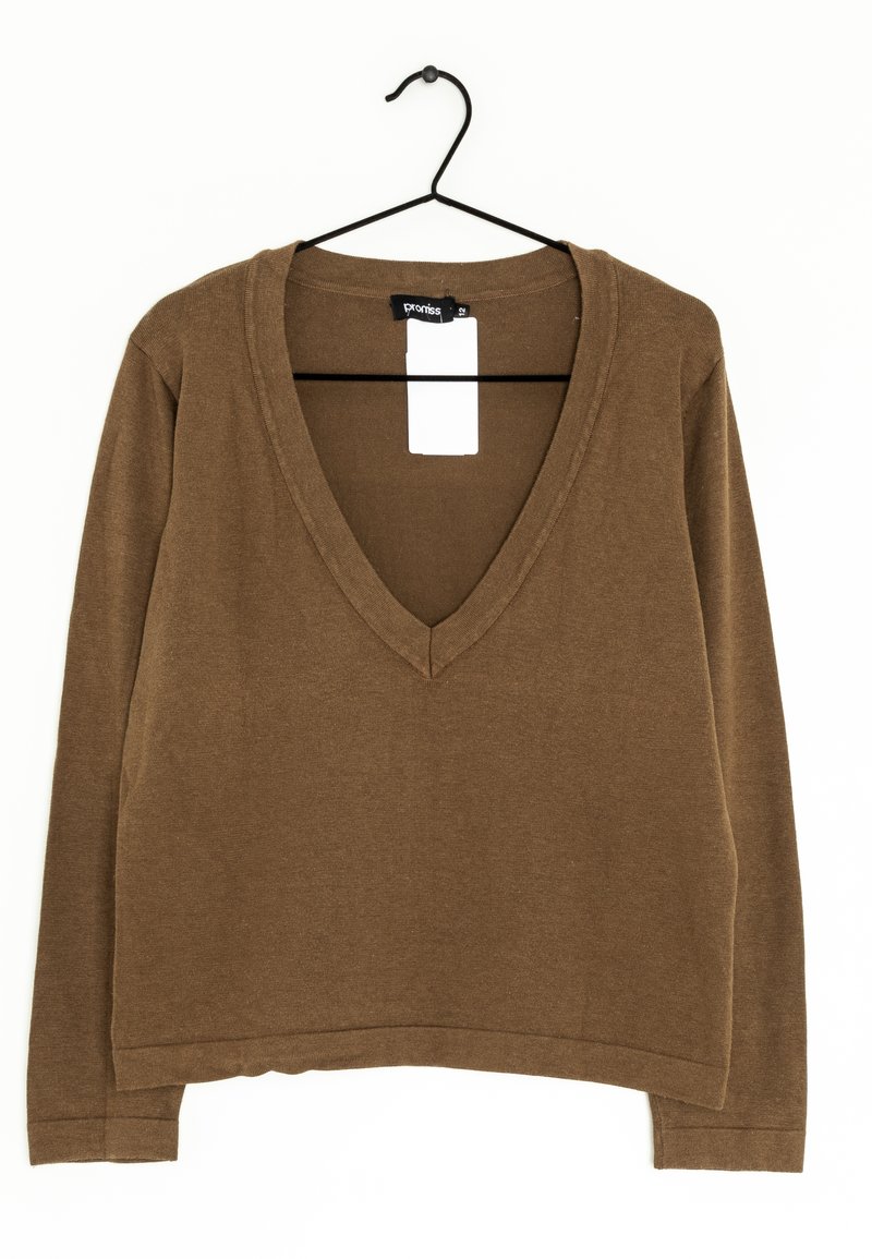 Ruskea pitkähihainen V-decolletage-neule, jossa on rento istuvuus. Valmistettu pehmeästä kankaasta, joka on yksinkertainen muotoilultaan ilman näkyviä kuvioita tai koristeita.