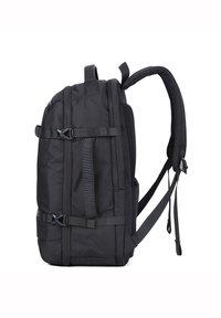 Zaino nero realizzato in tessuto resistente, dotato di spallacci regolabili, molteplici cinghie esterne e una schiena in rete per la ventilazione.