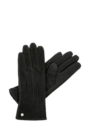 Black suede gloves featuring five fingers, reinforced stitching, and a decorative seam on the back, with a small metallic accent at the wrist.