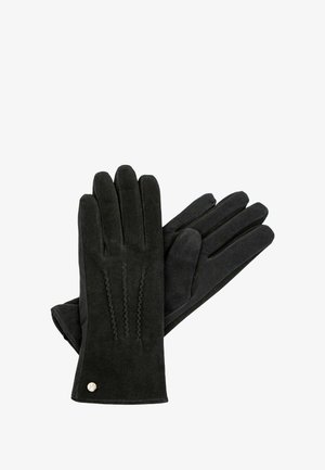 Black suede gloves featuring five fingers, reinforced stitching, and a decorative seam on the back, with a small metallic accent at the wrist.