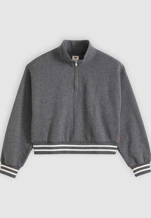 Temno siva skrajšana jopa z zadrgo na četrtino, stoječim ovratnikom, dolgimi rokavi ter črtastimi rebrastimi manšetami in robom.