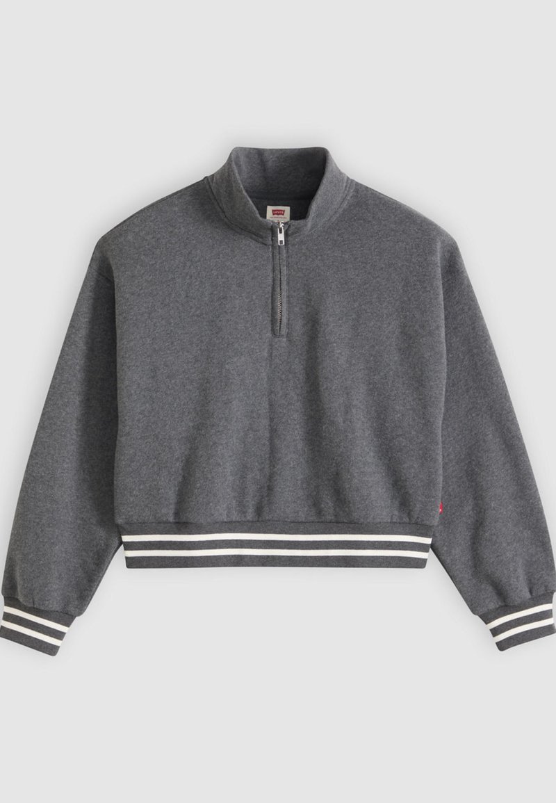 Sweat-shirt court gris foncé avec une fermeture éclair au quart, col montant, manches longues, et poignets et ourlet côtelés rayés.