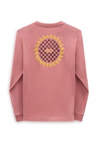 Felpa a maniche lunghe, di colore rosa chiaro, con grafica di un sole giallo e motivo a scacchi neri sul retro, caratterizzata da un collo a giro e una texture morbida.