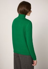 Grüner Strickrollkragenpullover mit geripptem Kragen und Bündchen, figurbetonter Stil, kombiniert mit grauer Nadelstreifenhose. Glatte Textur, lässiges Design.