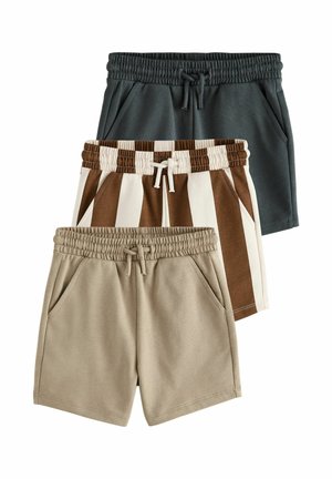 Drei elastische Taillenshorts: eine in einfarbigem Dunkelgrau, eine beige und eine mit braun-weißen vertikalen Streifen, alle mit Vordertaschen.