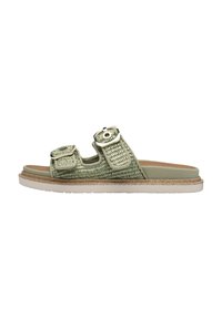 Green woven slide sandal with two adjustable straps, silver buckles, soft footbed, and a light brown cork sole.