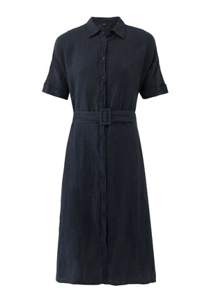 Donkerblauwe overhemdjurk met korte mouwen, knoopsluiting aan de voorkant, kraag en bijpassende stoffen riem met rechthoekige gesp.