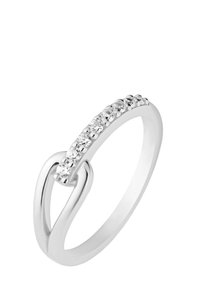 Silberring mit geschwungenem Design, verziert mit einer Reihe von kleinen funkelnden Steinen entlang der Oberseite, die einen nahtlosen und eleganten Look erzeugen.